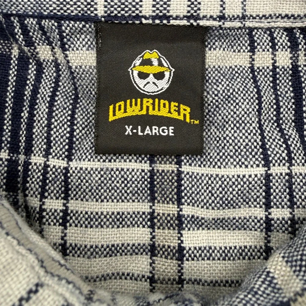 Lowrider Button Up Shirt Mens XL Navy Grey Plaid Short Sleeve Streetwear 8001